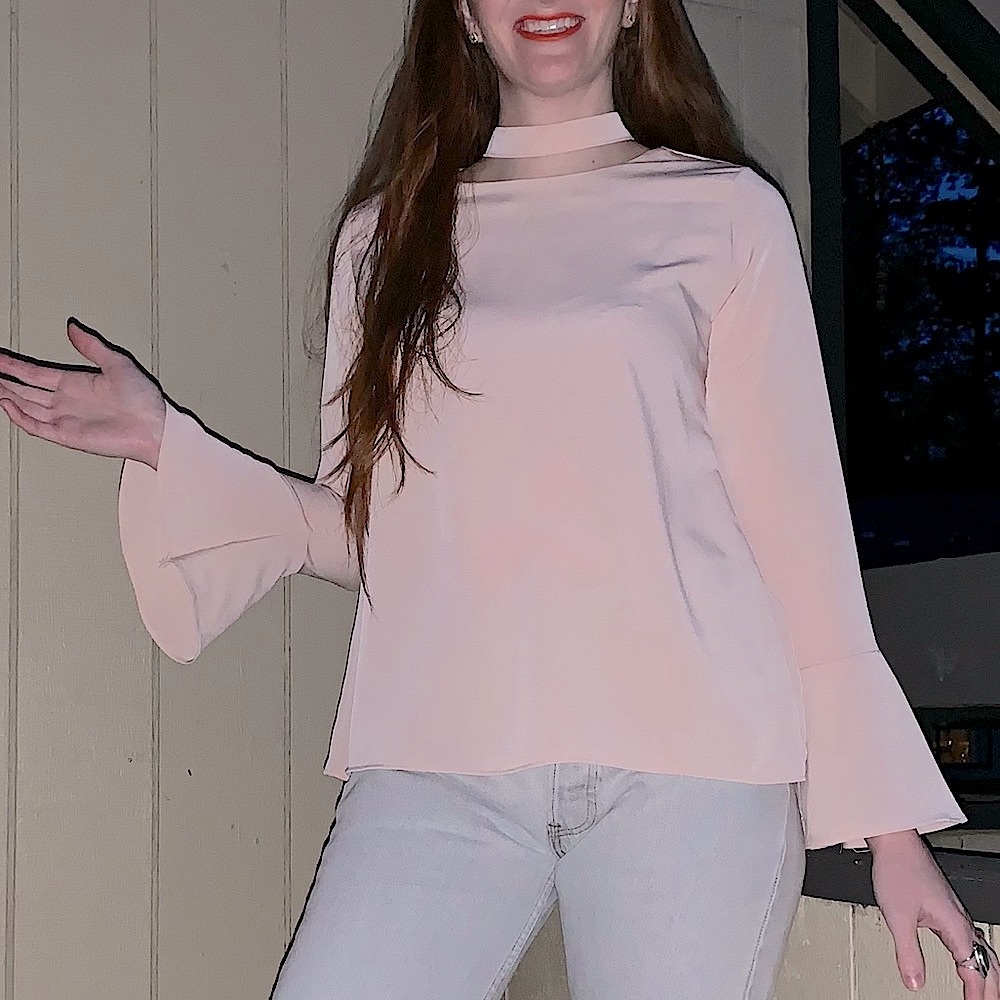 Darphin blush pink high neck boho bellsleeve chiffon blouse Sz S business casual - Picture 1 of 10